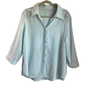 Fridaze XL Linen Aqua Light Blue Button Tunic Shirt 3/4 Sleeves Minimalist Coast